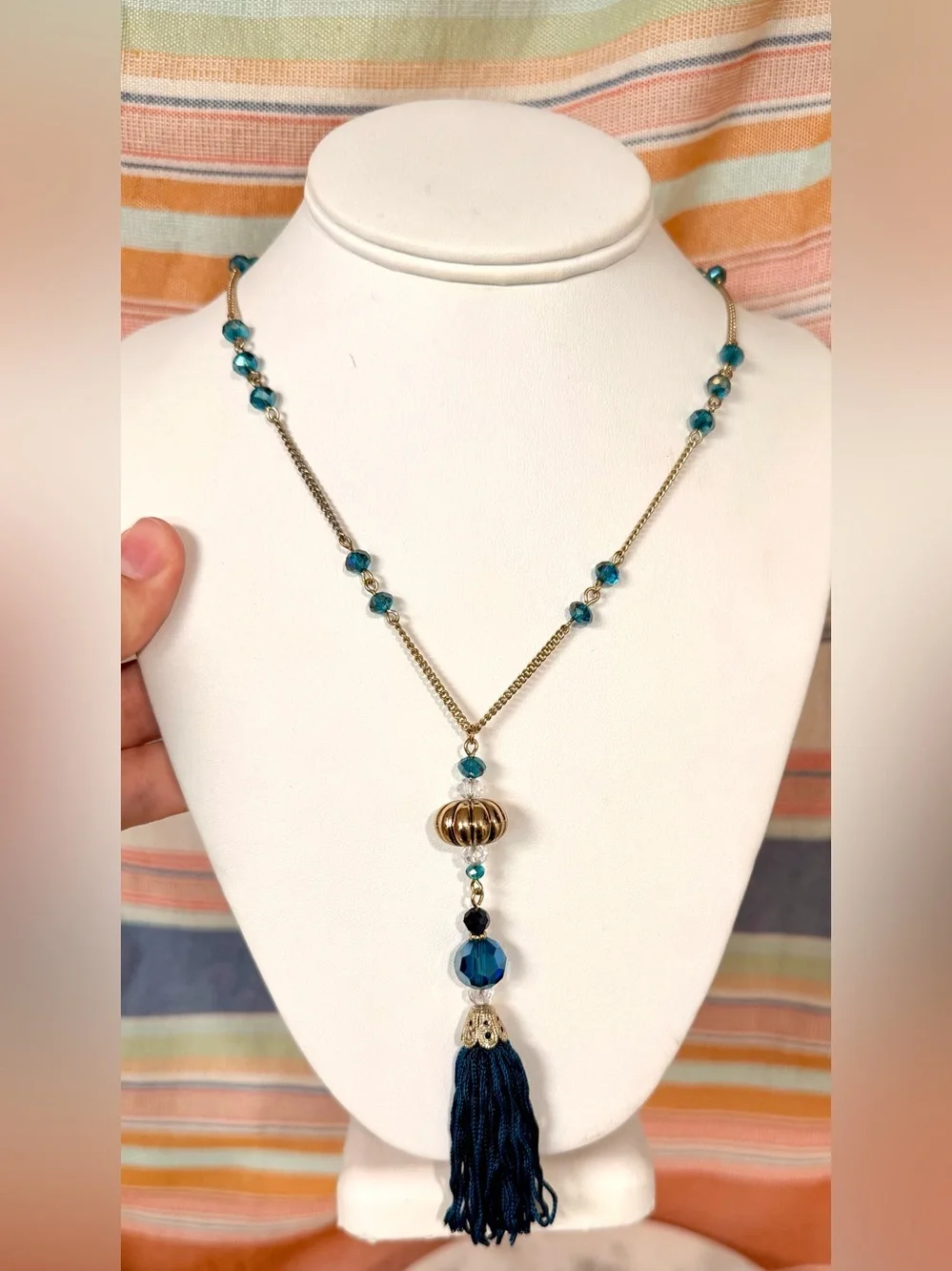 Avon Necklace with Teal Beads and Navy Tassel + Earring Set